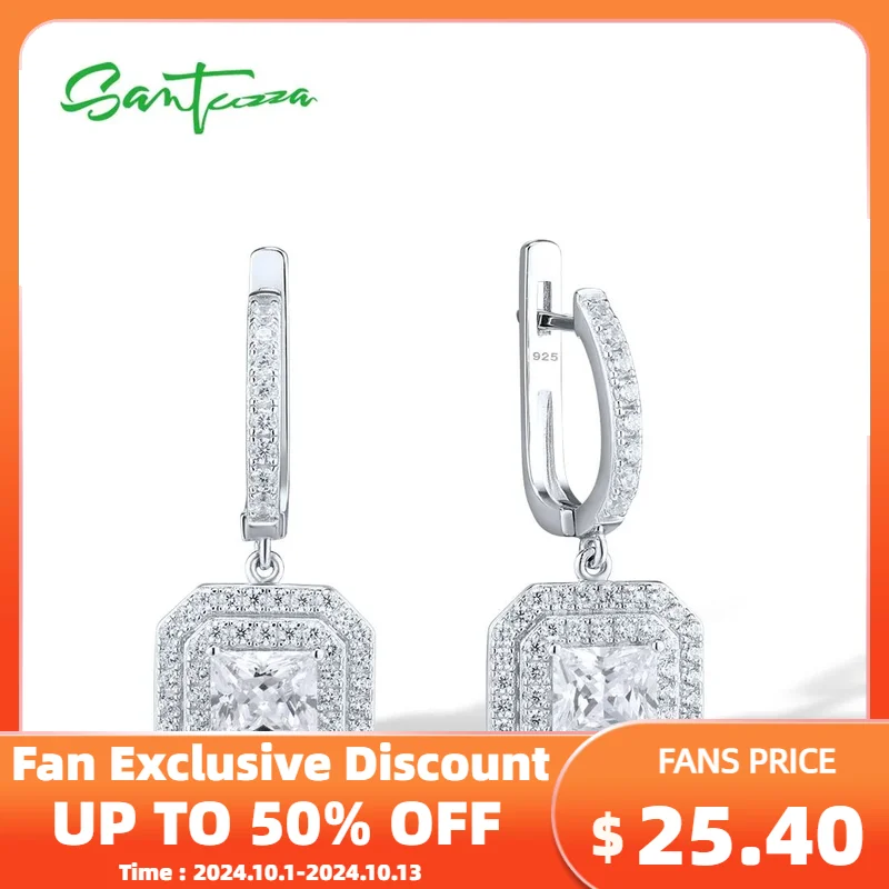 

SANTUZZA Genuine 925 Sterling Silver Earrings For Women White CZ Solitaire Princess Cut Dangling Wedding Elegant Fine Jewelry