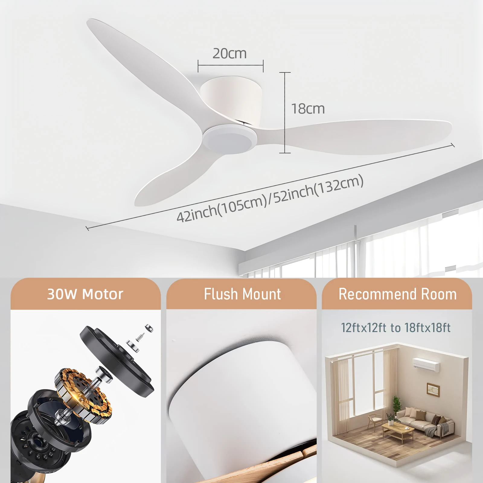 IRALAN Modern Black White Low Floor DC Motor 30W Ceiling Fans With Remote Control Simple Ceiling Fan Without Light Home Fan