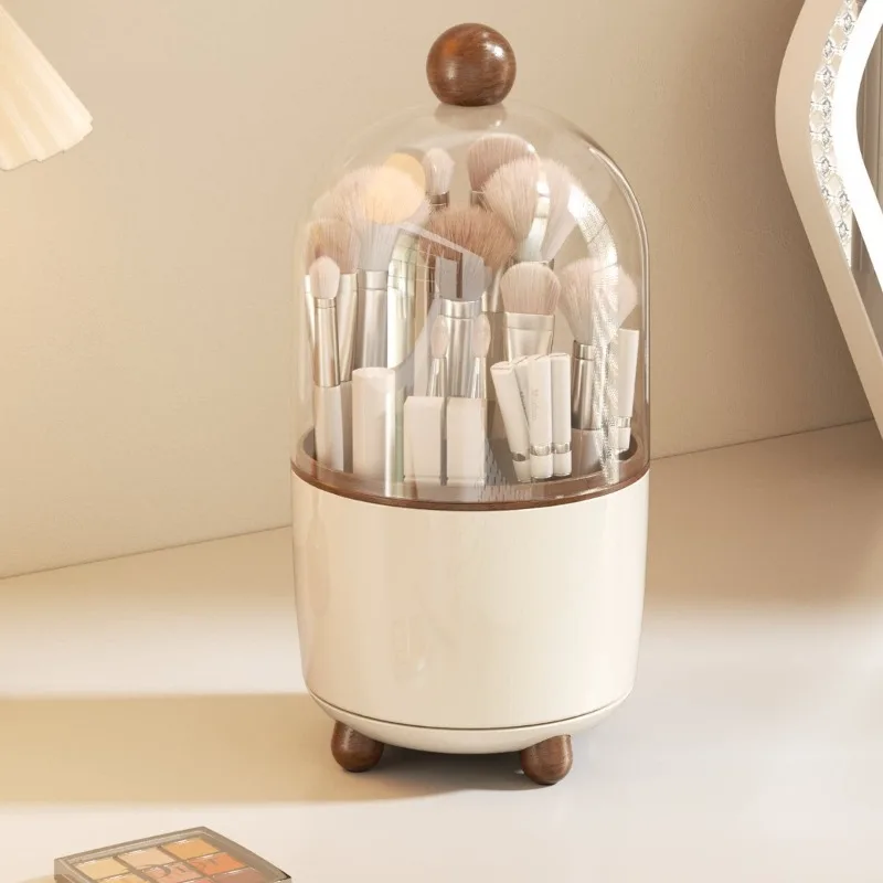 360 Rotating Makeup Brush Holder Dustproof Lid Large Capacity Compartment Pen Holder Vanity Desk Stationery Organizer
