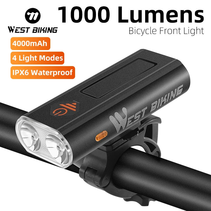 WEST BIKING 1000LM Bike Light Front Rear Lamp USB Rechargeable LED 4000mAh Bicycle Light Waterproof Headlight Bike Accessories