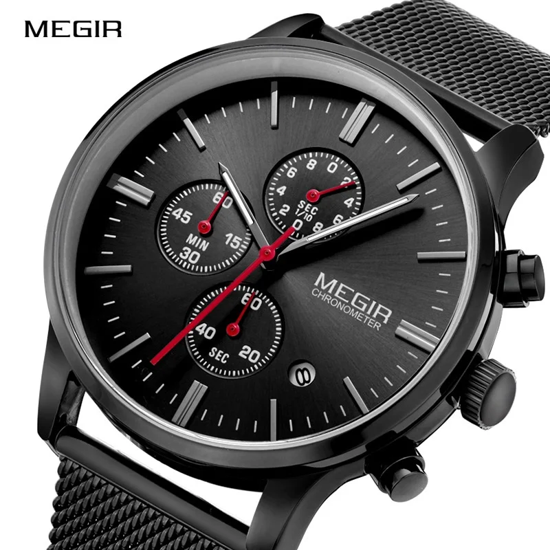 Fashion Brand MEGIR Watches Men Stainless Steel Mesh Band Quartz Sport Calendar Chronograph Luminous New WristWatch Clock Male