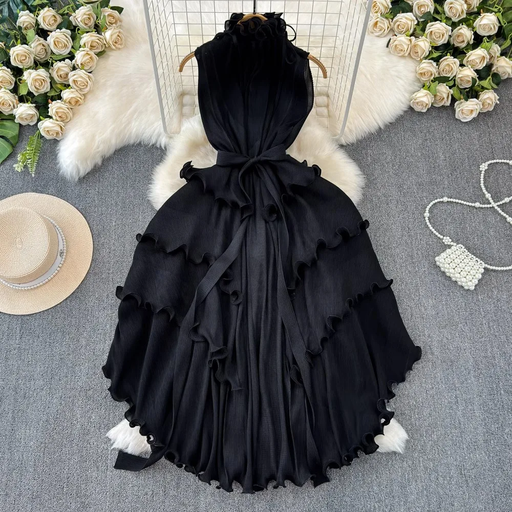 Summer Holiday Miyake Pleated Dress Women\'s Stand Collar Lace Up Sleeveless Elastic Oversized Ruffles Boho Robe Loose Vestidos