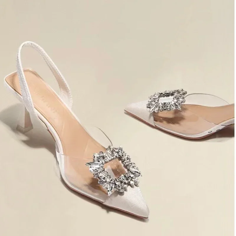Women Single Shoes Designer Woman Pointed Toe High Heel Square Buckle Rhinestones Transparent Splicing High Heeled Sandals