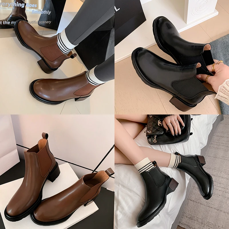 2024 nowy jesienne botki zimowy prawdziwy skórzane buty damskie Chelsea Boots kobiet buty buty z prawdziwej skóry Retro brązowy