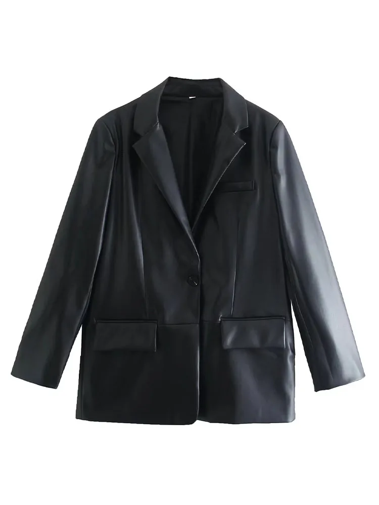 

HH New Woman Winter Fashion Casual Blazer Female Long Sleeves Lapel Single Breasted Pocket Decoration Faux Leather Effect Jacket