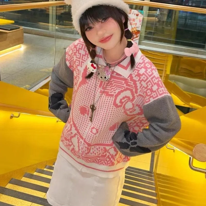 Cardigan lavorato a maglia da donna con stampa Sanrio Hello Kitty Giacca da donna coreana con cuciture a contrasto di colore Y2k Top maglione dolce cartone animato