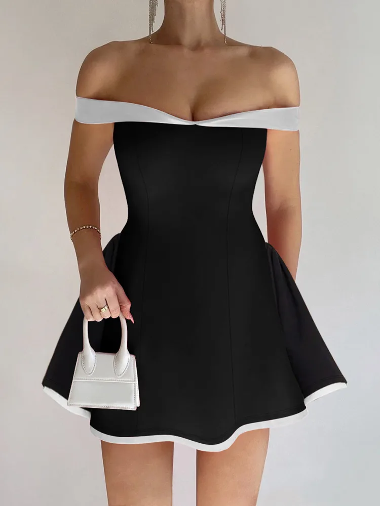 Mozision Off-shoulder Strapless Sexy Mini Dress Women Fashion Patchwork Sleeveless Backless High Waist A-line Club Party Dress