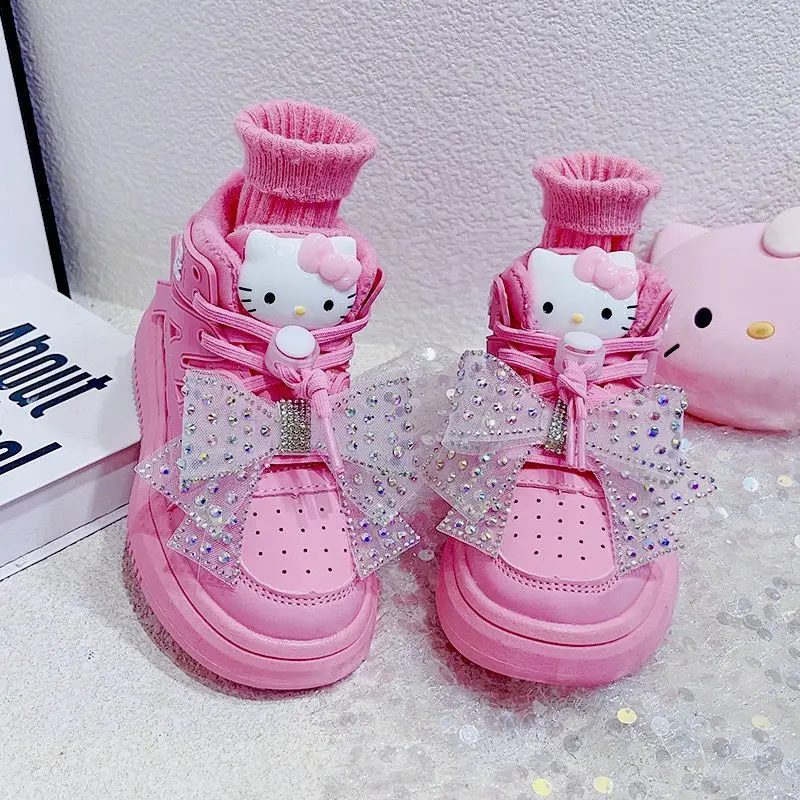 Hello Kitty Cartoon Girls Sneakers Kawaii Sanrio Autumn and Winter New Fashion Children\'s Soft Sole High Top Board Shoes Gifts