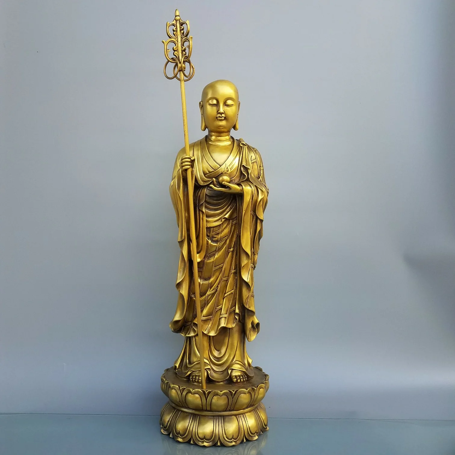 

24"Tibetan Temple Collection Old Brass Ksitigarbha Bodhisattva Amitabha Lotus Terrace Standing Buddha Worship hall Town house