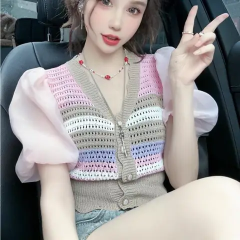 숙녀 네트 원사 패치 워크 v 넥 중공 뜨개질 카디건 여성 단순 사무실 레이디 반팔 스트라이프 스위트상의