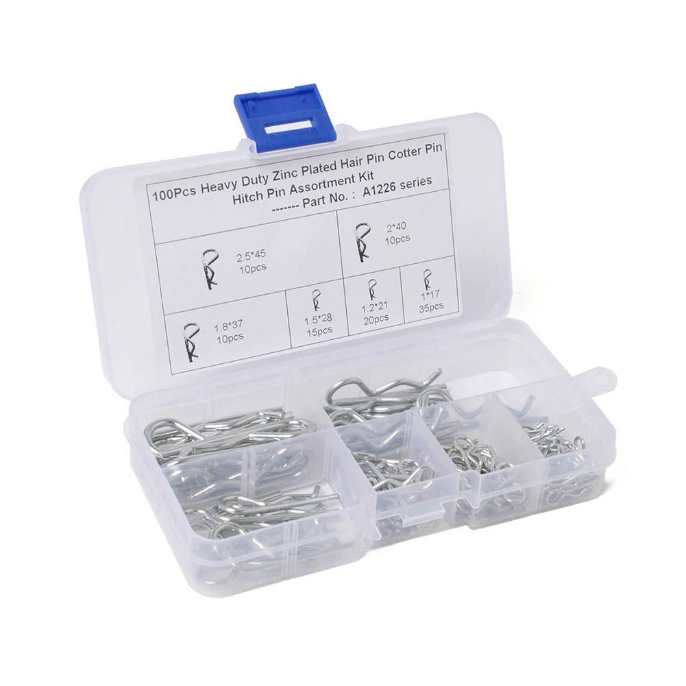 

100pcs Pins Assortment Kit with Plastic Box R-shape Retaining Clips Carbon Steel Split Clip Clamp Galvanized for Car Supplies