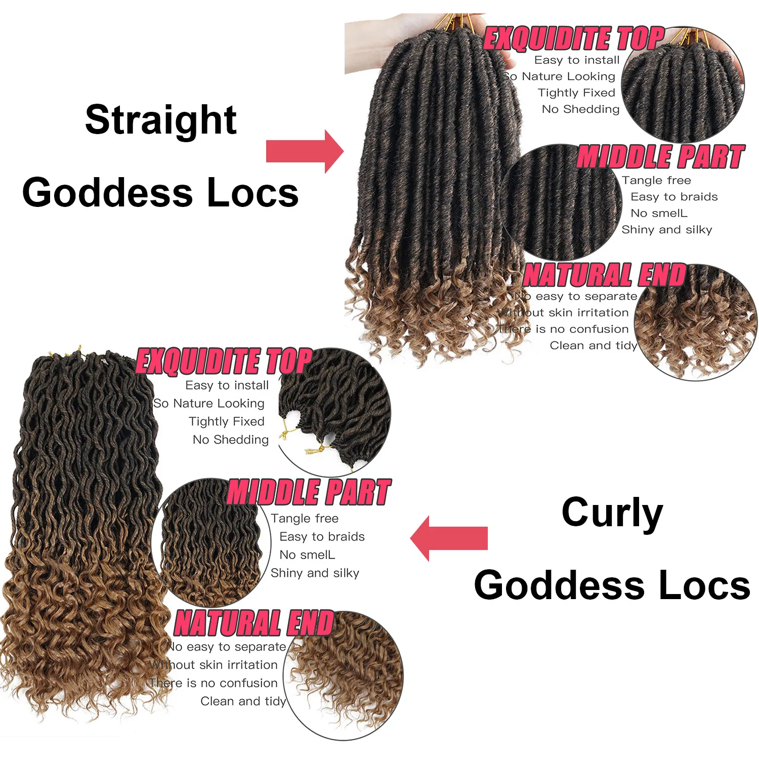 Deusa Faux Locs Crochet cabelo tranças para mulheres, encaracolados termina, Dreadlocks, sintético trançado, pré looped, 18"