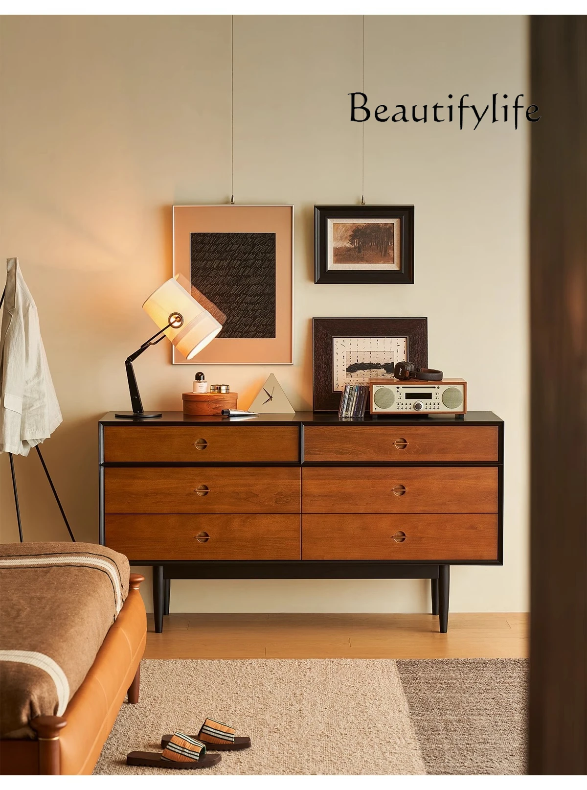 

Jingran six chest cabinet solid wood contrasting color French medieval storage storage bedroom retro bedside cabinet