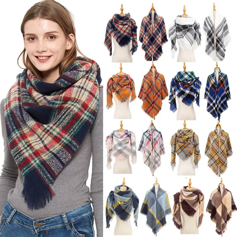 

Women Winter Scarf Cashmere Knitted Plaid Shawl Neck Wrap Thick Blanket Warm Stoles Lady Pashmina Bandana Triangle Scarves