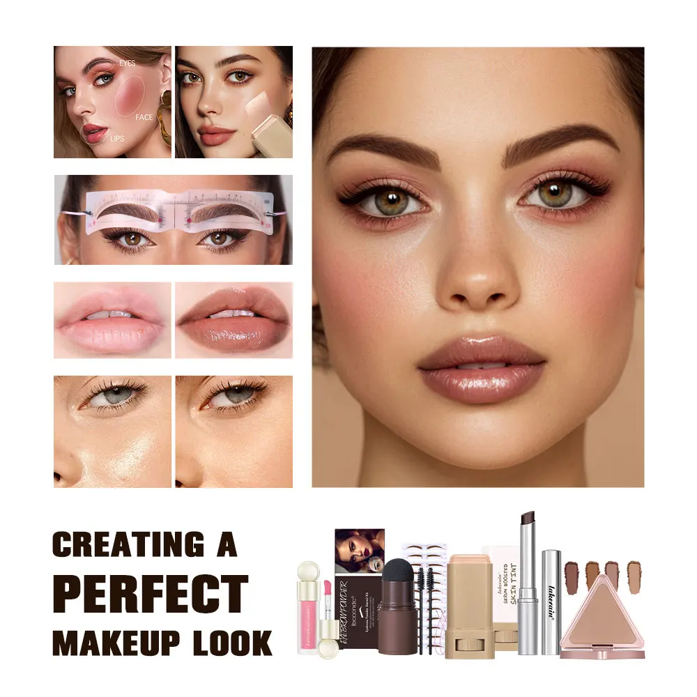 Ensemble de maquillage pour débutant, bâton de rouge à lèvres hydratant au miel, fond de teint, baume, sérum, liquide léger, Blush, Kit de poudre de Bronze mat
