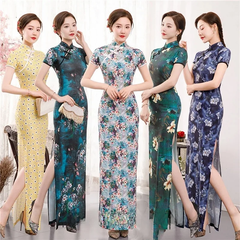 

Long Cheongsam Print Flower Qipao Lady Sexy Chinese Style Dress Slim Elasticity Vestidos Evening Party Dress Gown Plus Size 6XL