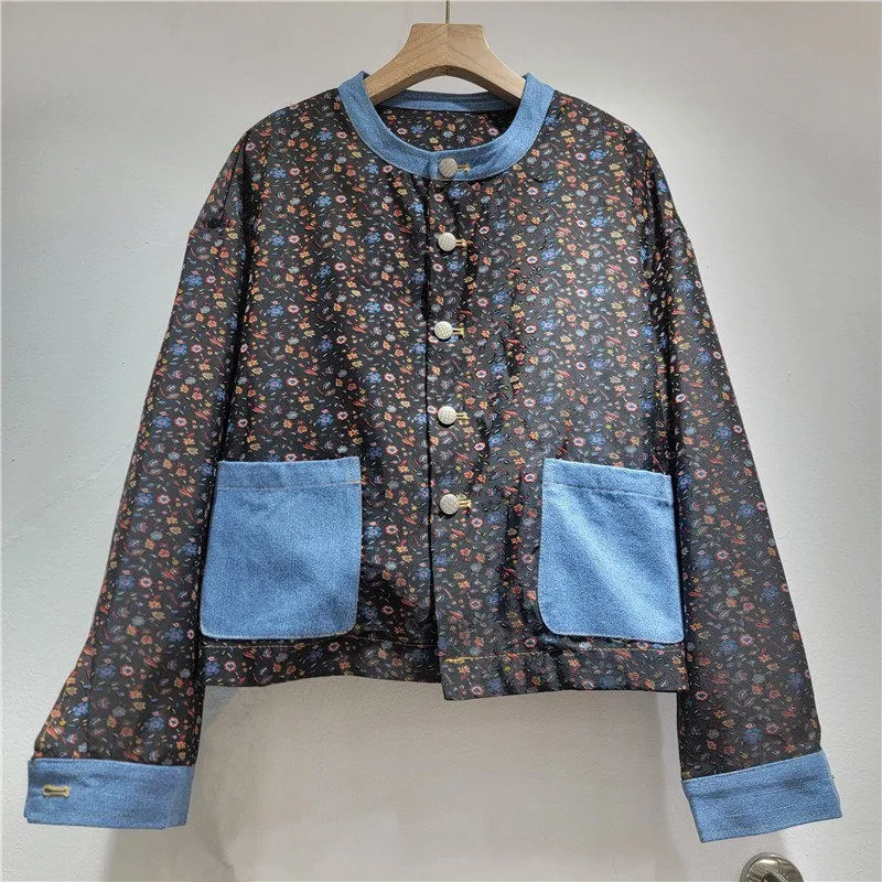 Autumn New Fashion Jacquard Patchwork Cowboy Pocket Short Denim Jacket Round Neck Single Breasted Long Sleeve Women Streetwear
