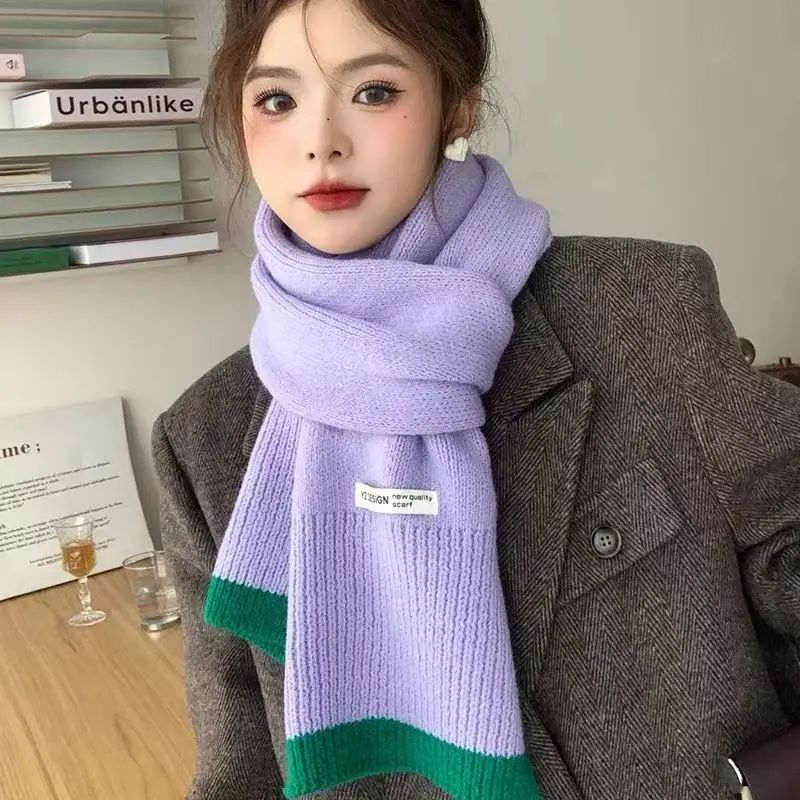 2024 New Women's Autumn Winter Mixed Colors Knitted Scarf Soft Thickened Warm Sweet Girls Scarf Wool Neckerchief