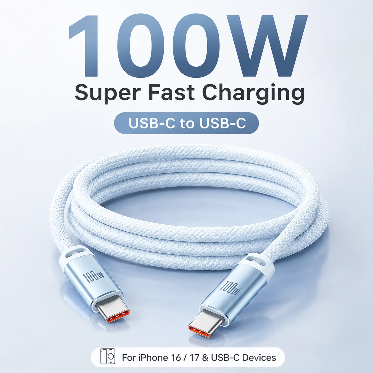 

100W Super Fast Charging USB-C to USB-C Cable, Compatible with Huawei PD27W & Apple iPhone16/17, High-Speed Power Delivery, Dura