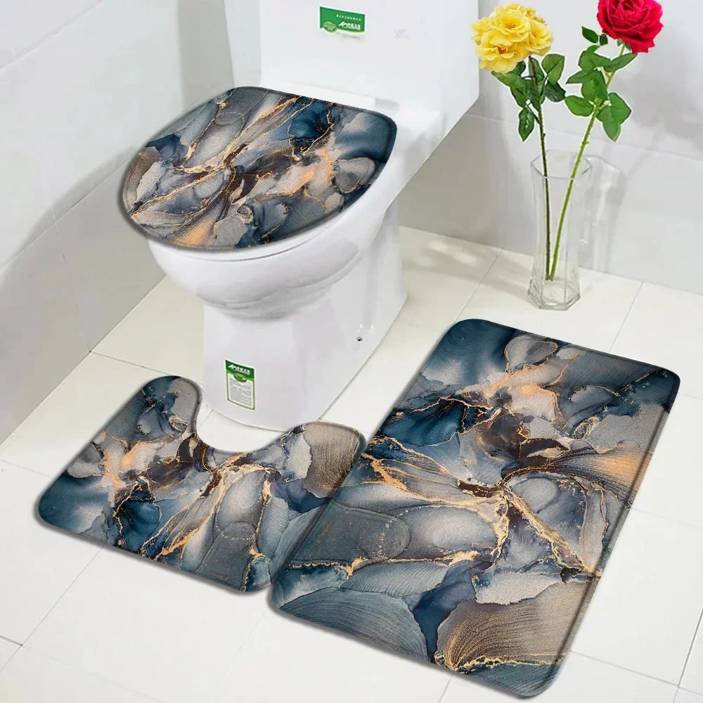 Modern Marble Bath Mat Set Gold Lines Grey Black Textured Pattern Abstract Art Home Bathroom Decor Non-slip Rug Toilet Lid Cover