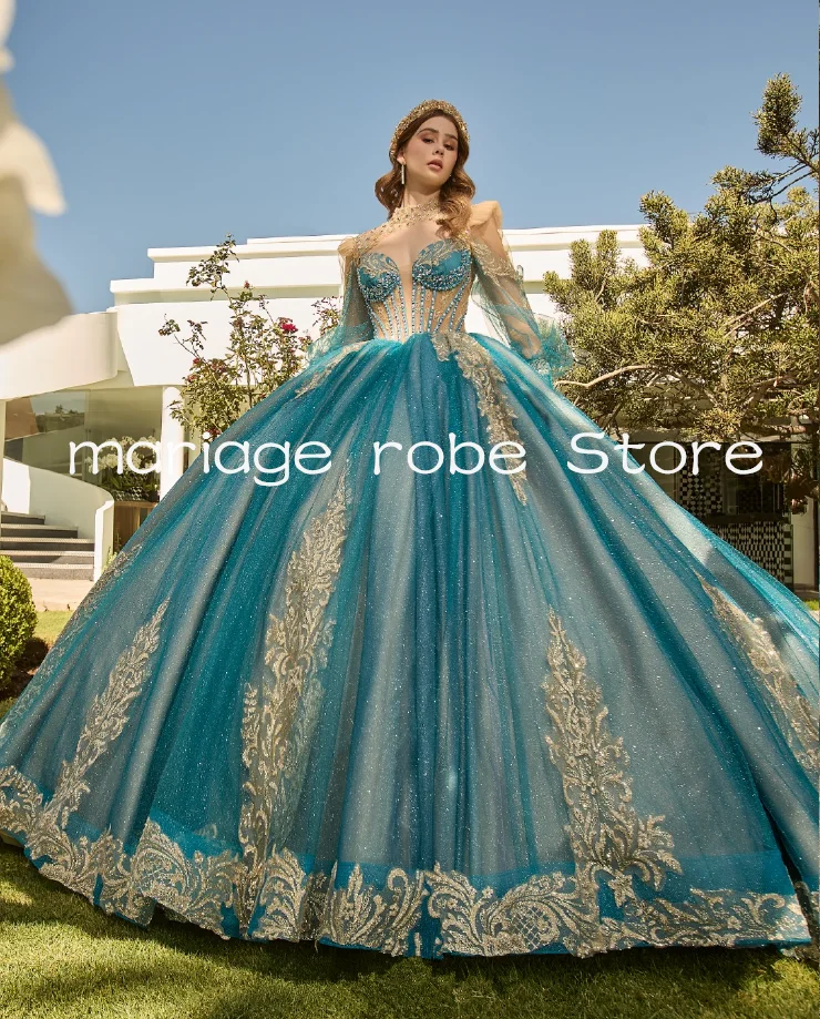 Sparkly Ice Blue Princess Quinceanera Dresses Long Sleeve Jacket Gillter Corset Crystal vestidos de 15 años en oferta Customized