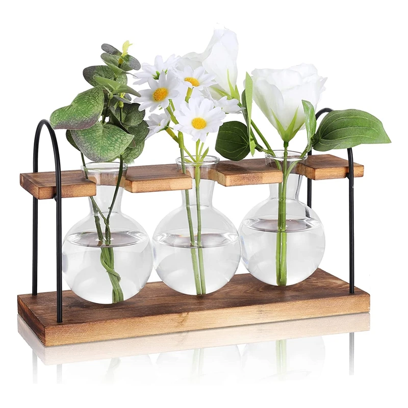 

Plant Propagation Station With Wooden Stand,Plant Terrarium Desktop Propagation Stations,Air Planter Bulb Glass Vase