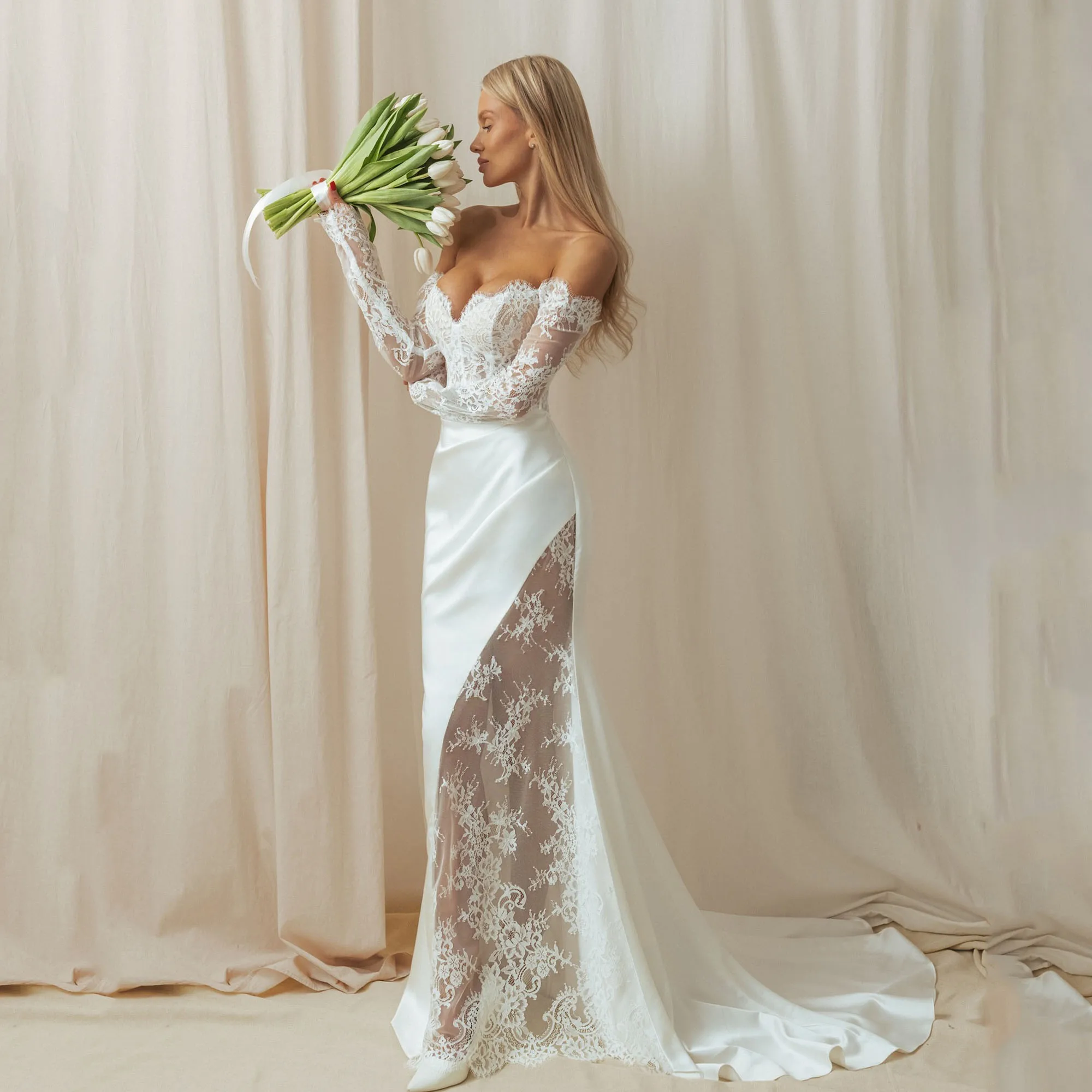 

Ivory Lace Wedding Dresses Split Off Shoulder Mermaid Satin Sweetheart Bridal Gown Long Sleeve Wedding Party Dress Customized
