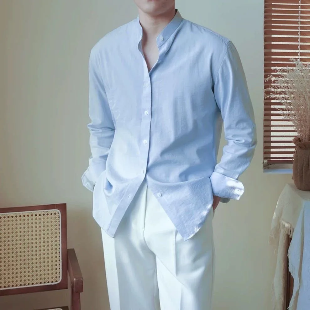 

Linen Cotton Casual Long Sleeve Stand Collar Shirt Summer New Style Retro Loose Top for Men Korean Version Pure Color Breathable