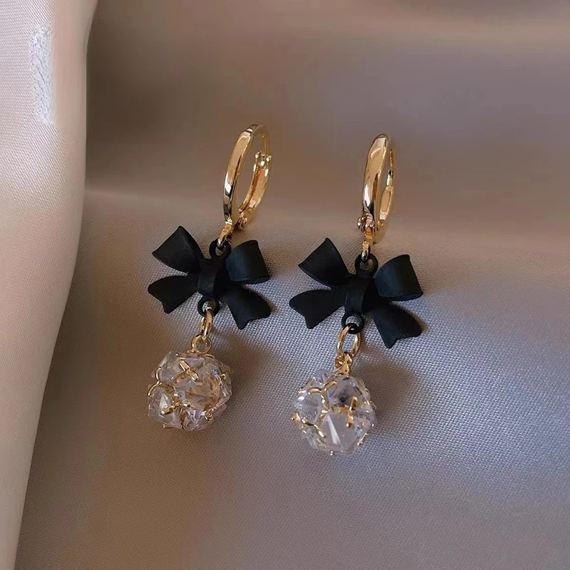 Elegant Lady Black Bow Zircon Ball Pendant Ear Button Korean Fashion Earrings For Woman Girls Party Jewelry Gift Accessories
