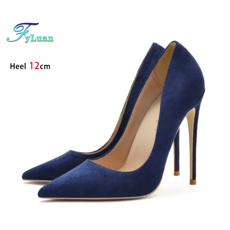 

Женская обувь на остром каблуке 8 см, 10 см, 12 см, синяя замша, на тонком каблуке, весенне-осенняя офисная обувь для карьеры, вечерние женские туфли-лодочки, большие размеры 46