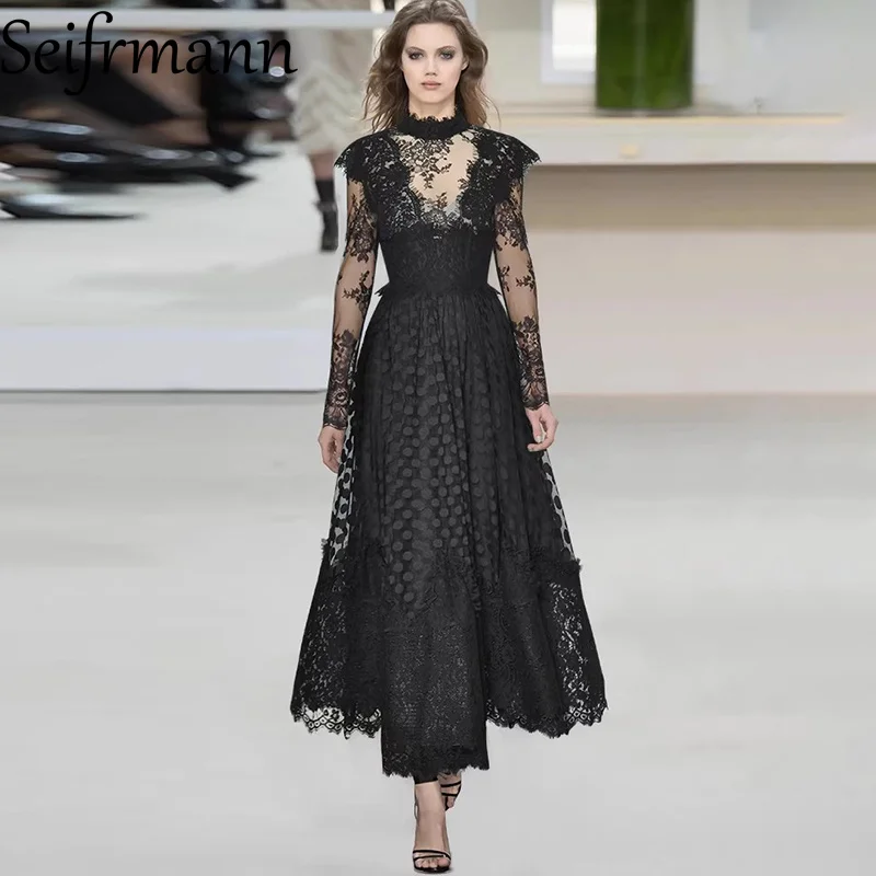

Seifrmann 2026 Spring Women's New Fashionable Stand up Collar Long Sleeve Perspective Lace Waist cinching Dress