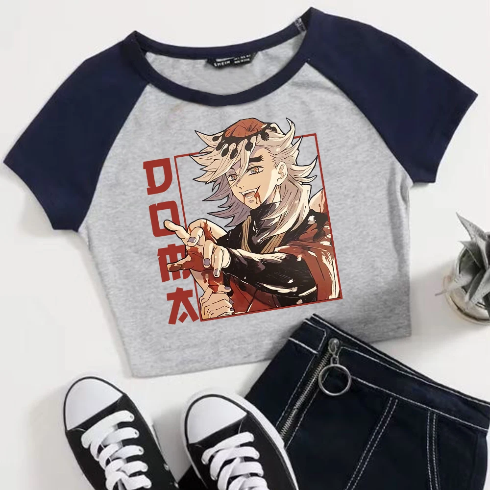 أنيمي شيطان القاتل دوما المحاصيل القمم تي شيرت الفتيات أزياء المرأة س الرقبة قصيرة الأكمام المشجعين هدية تي شيرت