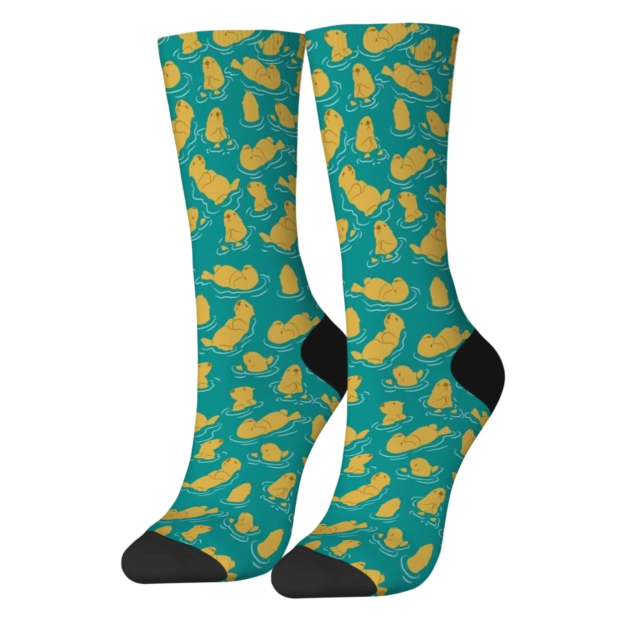 Chaussettes rétro Harajuku pour hommes, imprimé loutre mignonne, fond Turquoise frais avec motif d'animal de dessin animé, chaussettes décontractées, cadeau de fête