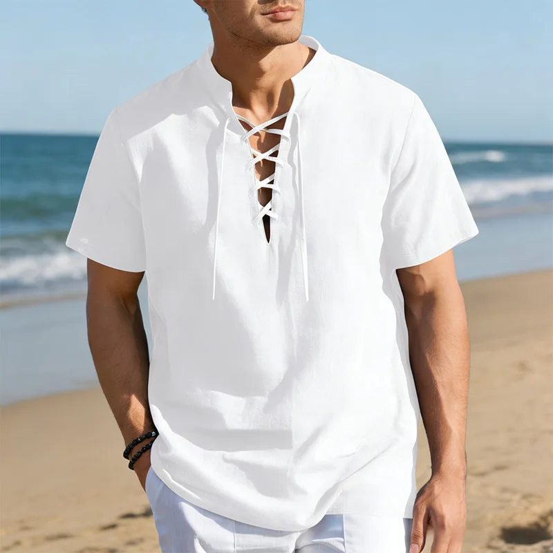 New Men's Retro Casual Lace-Up Henry Neck Short Sleeve Shirt
