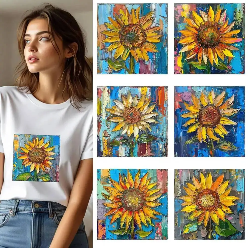 25CM Retro Oil Painting Sunflower Heat Transfer Patches For Clothes DIY A-Level Washable Shirt Iron-on Thermal Sticker