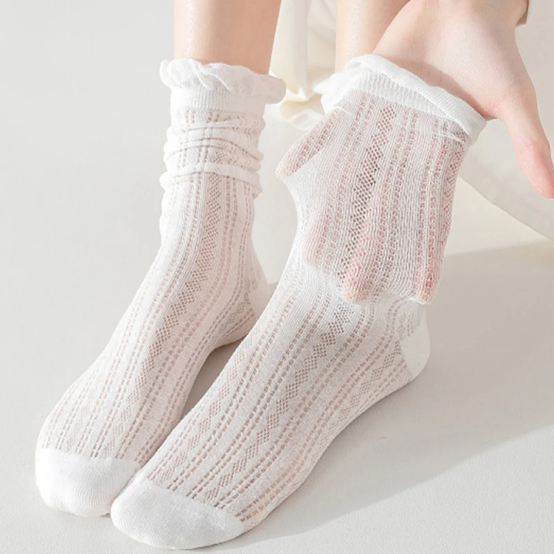 1/5pairs Summer White Lace Middle Tube Socks Women Girls Harajuku Ruffle Stockings Lolita Sweet Princess Streetwear Thin Hosiery