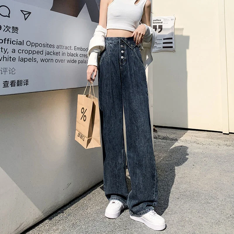 Blue Women's Straight Jeans High Waist Streetwear Vintage Baggy Pants Chic Casual Boyfriends Ladies Denim Wide Leg Trousers