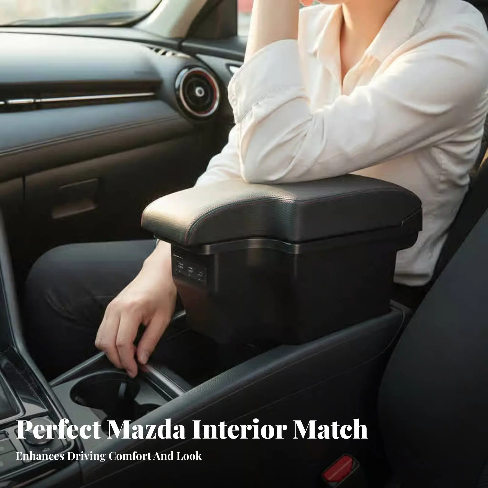 

Center Armrest Box for Mazda Small SUV, Fits Mazda 2, Double Storage, Charging Port, Extendable, Leather Look