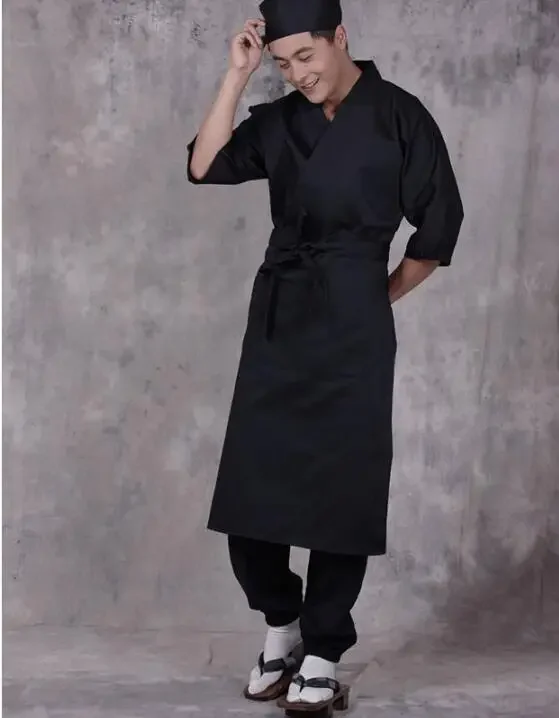 Tablier de Cuisine japonaise hommes femme Chef travail noir blanc Long Sushi cuisine Restaurant 70 cm