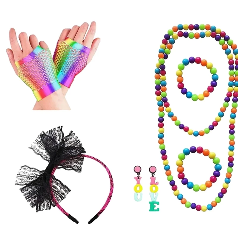 Damen 80er-Jahre-Outfit, Kostümzubehör-Set, Netzhandschuhe, Halskette, Armband, Geschenk DXAA