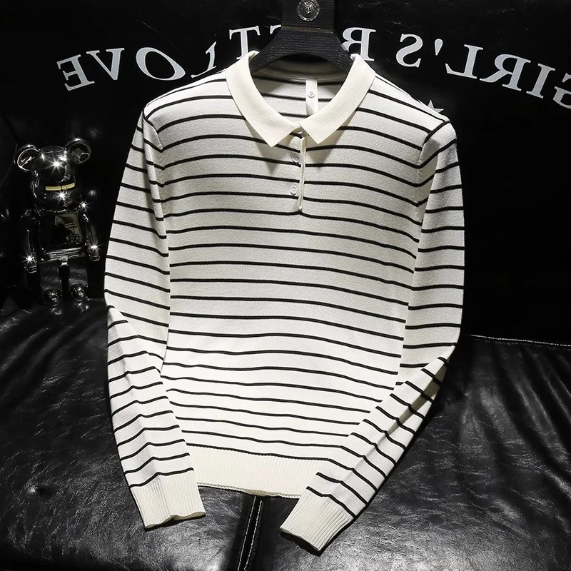 

Retro Briti Sle Knitted irt Men's Casual Turn-down Collar Overhead Striped Sweater Youthful Versatile Base Layer