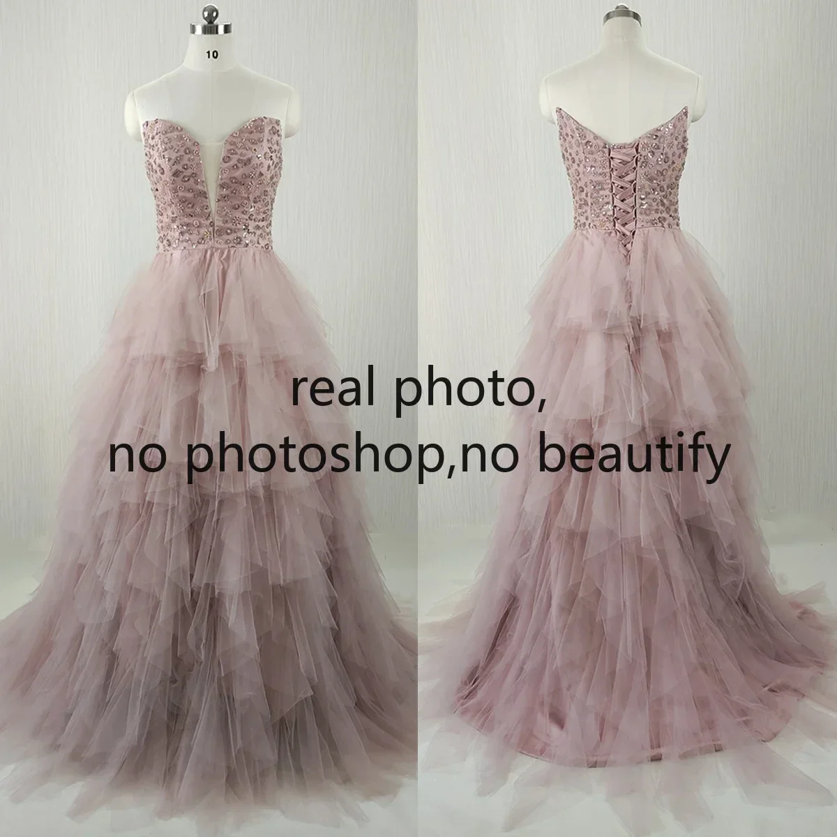 Customized Evening Dress Pink Tulle Beads Sgaphetti Straps Lace up Ruffles A-line Floor-length Trail Plus size Party Formal Gown