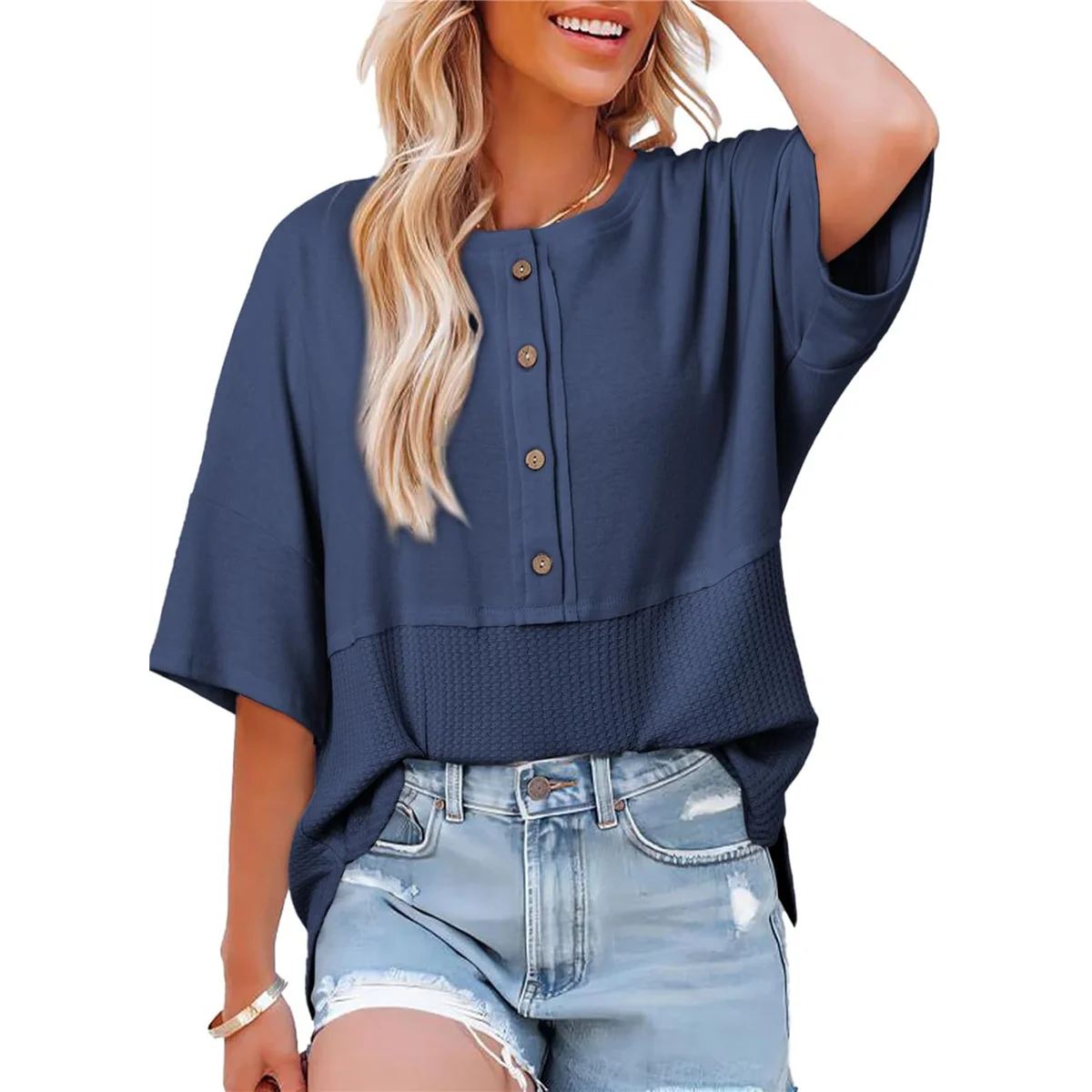 Women Waffle Knit Tops 2025 Fashion 3/4 Sleeve Crew Neck Oversized Patchwork Blouses Blue M