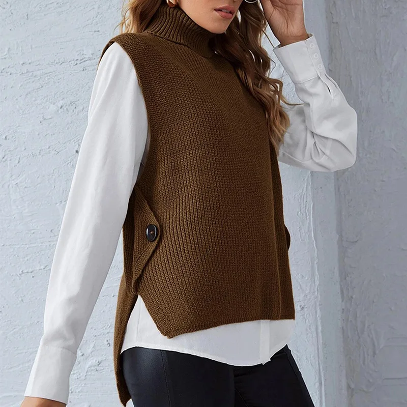 Fashion Turtleneck Sweater Vests For Women Knitted Sleeveless Tops Black Button Pullovers Autumn Winter New 2024