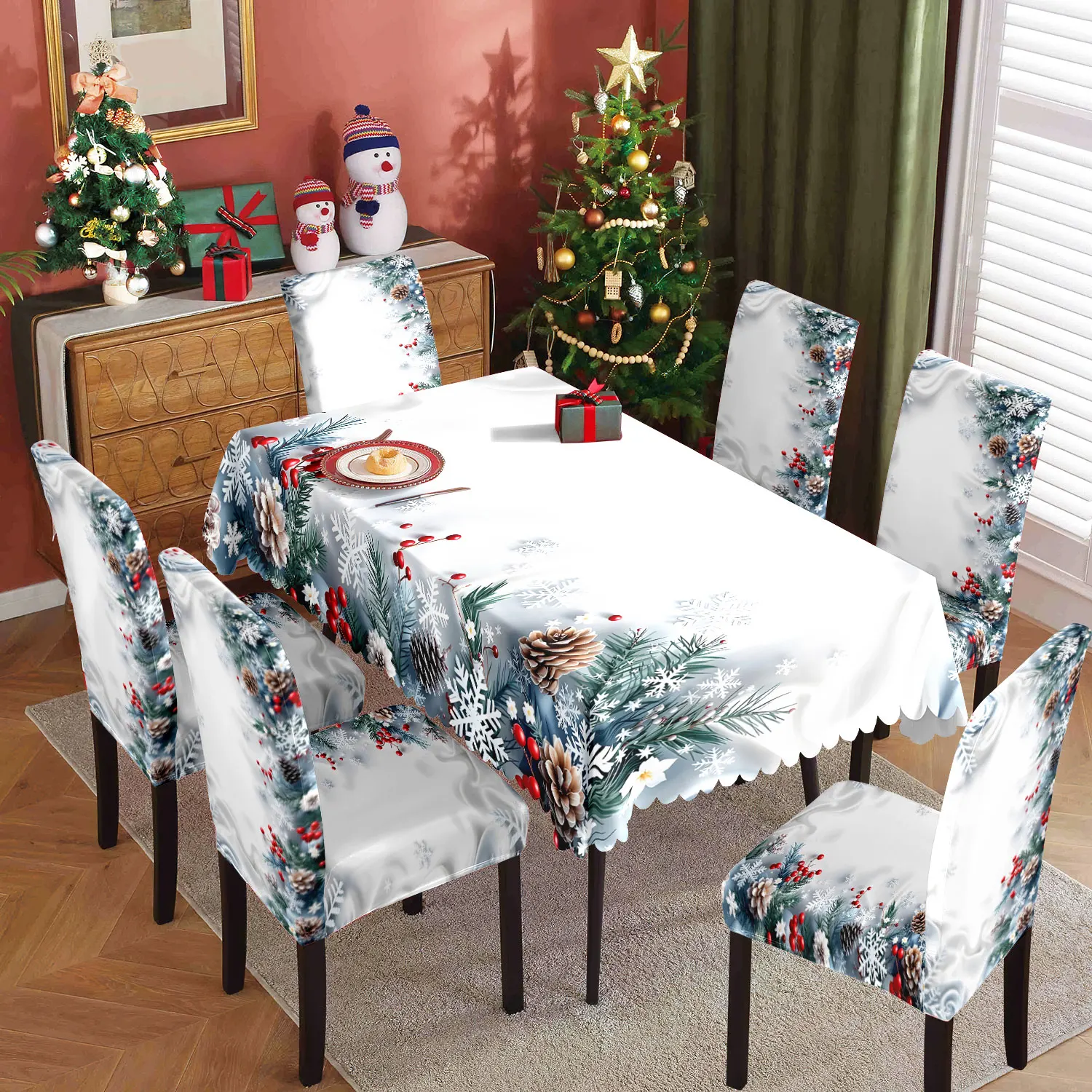 

5/7 шт., набор рождественских украшений для домашнего стола и стула, 4/6 шт., чехол на стул плюс 1 скатерть, легко снимается и можно стирать в машине