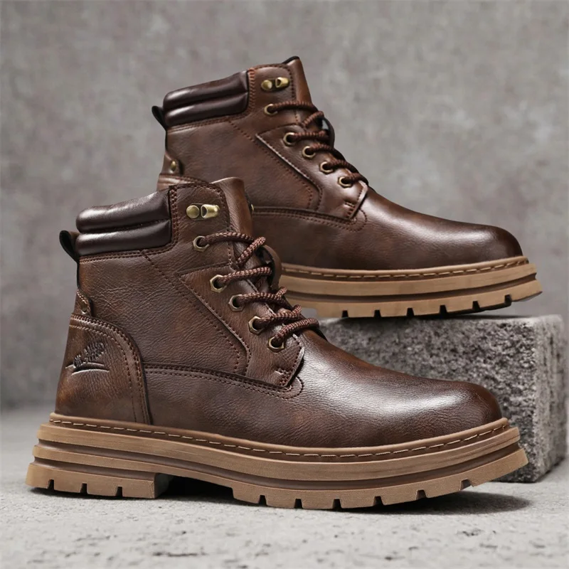 

2025 New Men's Big Yellow Boots Durable Anti - Skid Sole High - Top Chunky Sole Winter Fleece Lined British Work Boots Motorcycl
