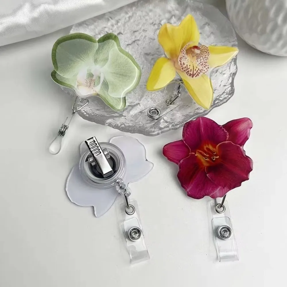 Acrylic Resin ID Card Badge Holder Clip Orchid Design Retractable Orchid ID Badge Pull-Off Work Certificate Holder For Women