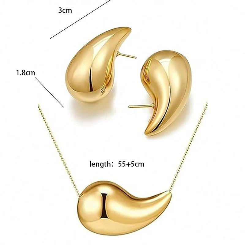 Obega 2PCs Set Water Drop Earring Necklace Set Gold Color Trendy Necklace Tear Drop Earring Shinny Silver Women Jewelry Set image 2