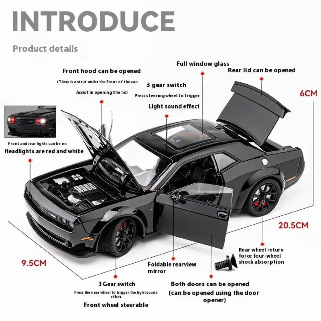 1:32 Scale Hellcat Challenger Die-cast Toy Vehicle, Pull-back Drive with Sound-Light Features
