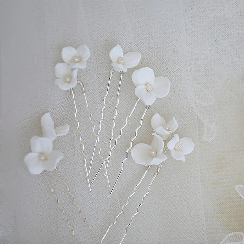 

SLBRIDAL Handmade Rhinestones Ceramic Flowers Pearls Bridal Hair Pins Set Wedding Hair Hair Accessories Women Girls Hair Jewelry